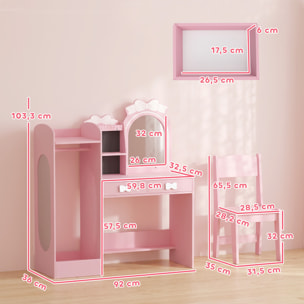 Coiffeuse enfant chaise miroir LED réglable multi-rangement rose
