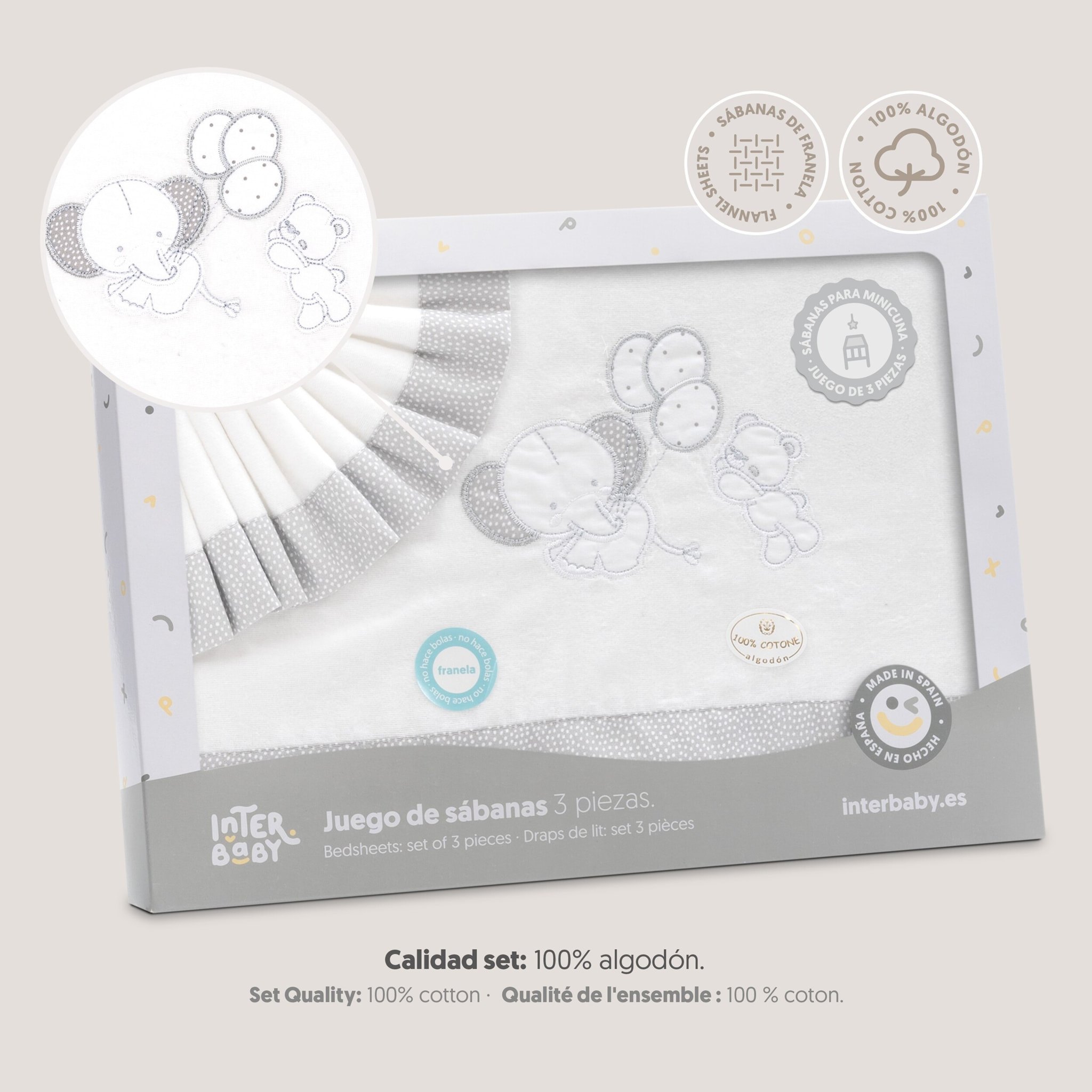 Triptico Minicuna Franela Oso Elefante Globos Bco/Gris