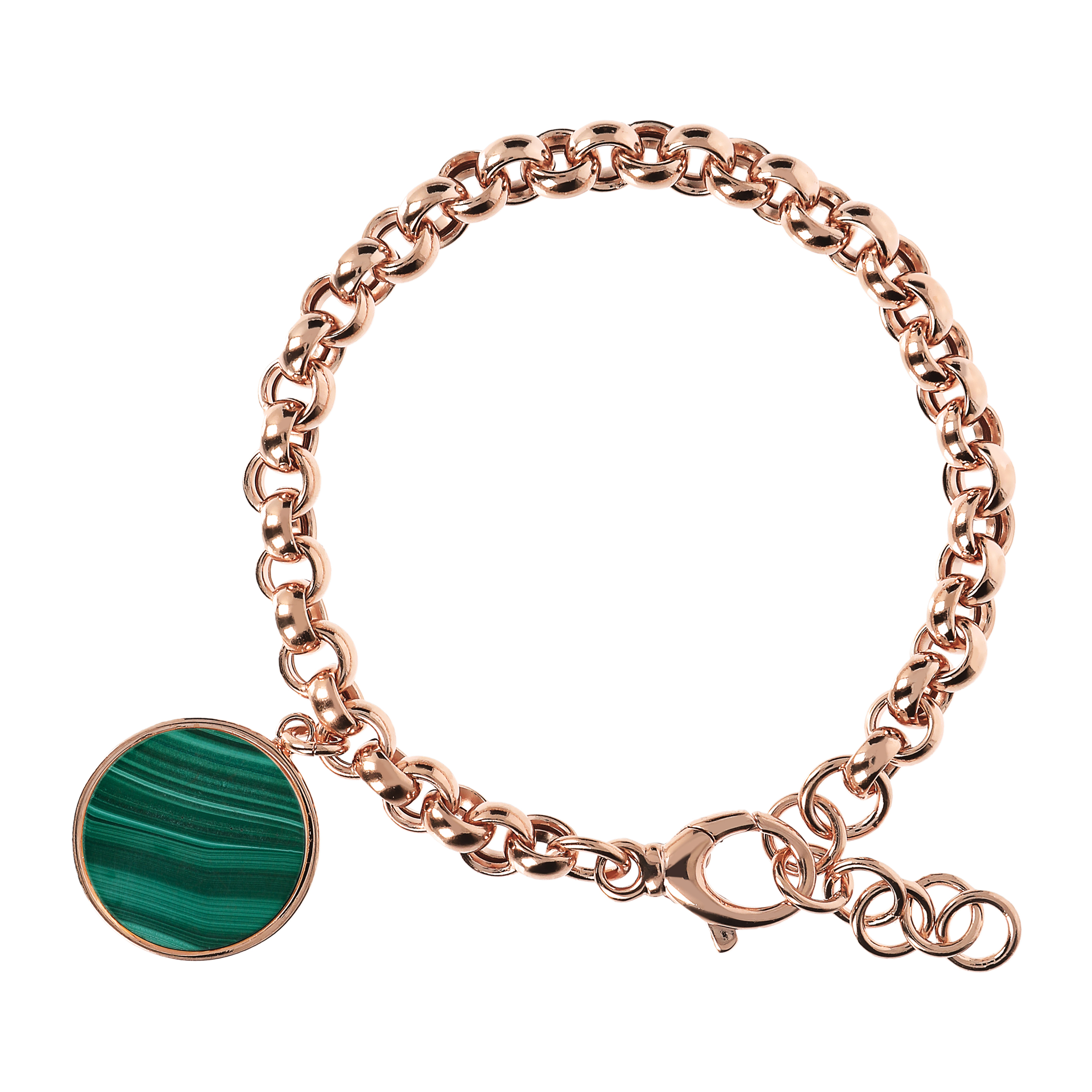 Bracciale Catena Rolo con Ciondolo Disco in Pietra Naturale Malachite Verde