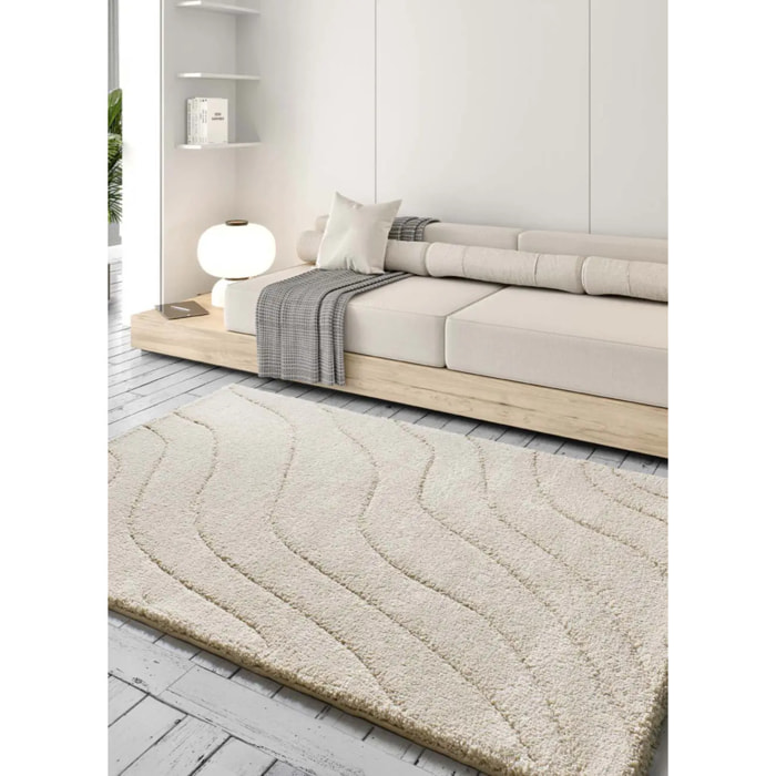 MOLIER Alfombra shaggy con formas abstractas en blanco, varias medidas disponibles.