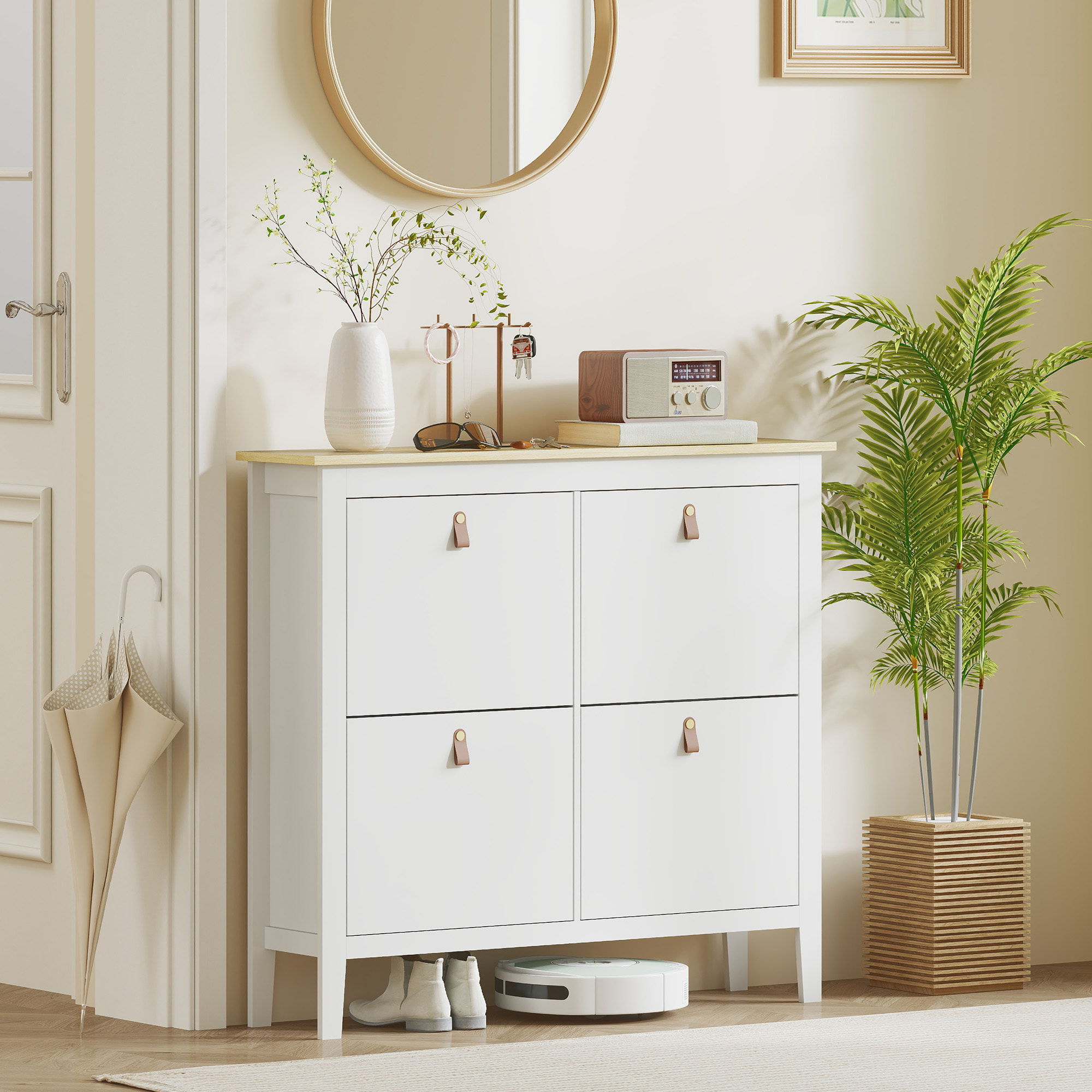 Mueble Zapatero Estrecho Zapatero Entrada Recibidor con 4 Cajones Abatibles Estantes Ajustables y Tiradores de PU para 20 Pares de Zapatos para Pasillo 105x24x95,5 cm Blanco