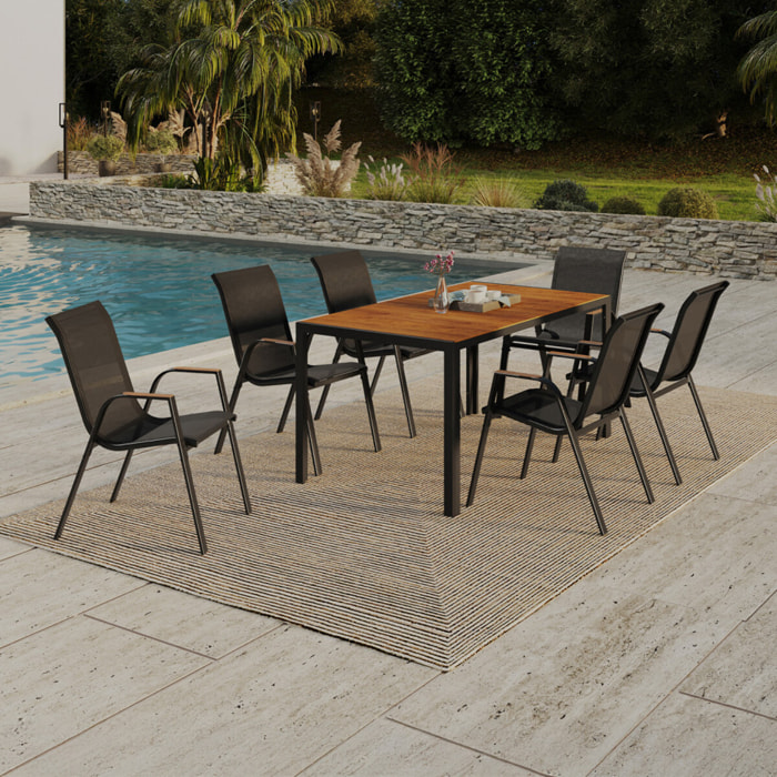 Ensemble repas Timbia 6 places verre trempé effet bois