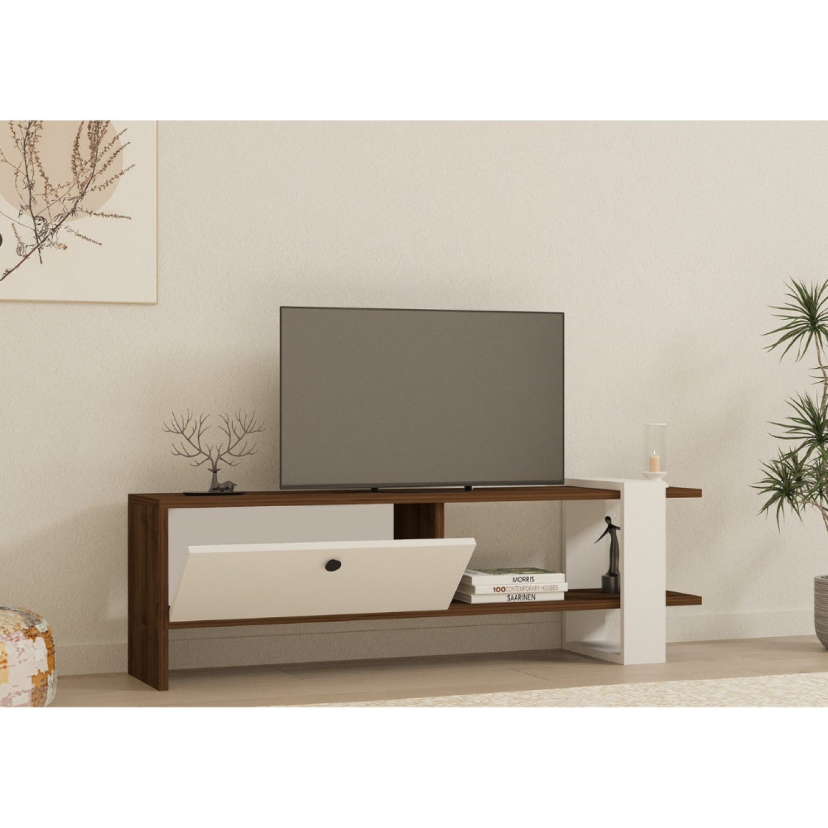 Meuble TV bois et blanc avec rangement 120 cm YENDI