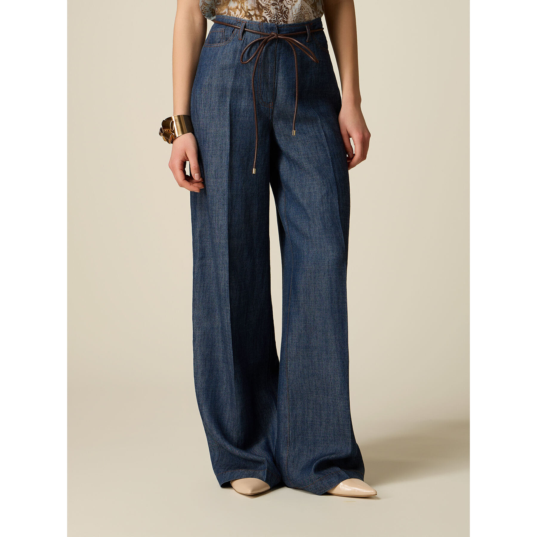 Oltre - Pantalones palazzo efecto denim - Azul
