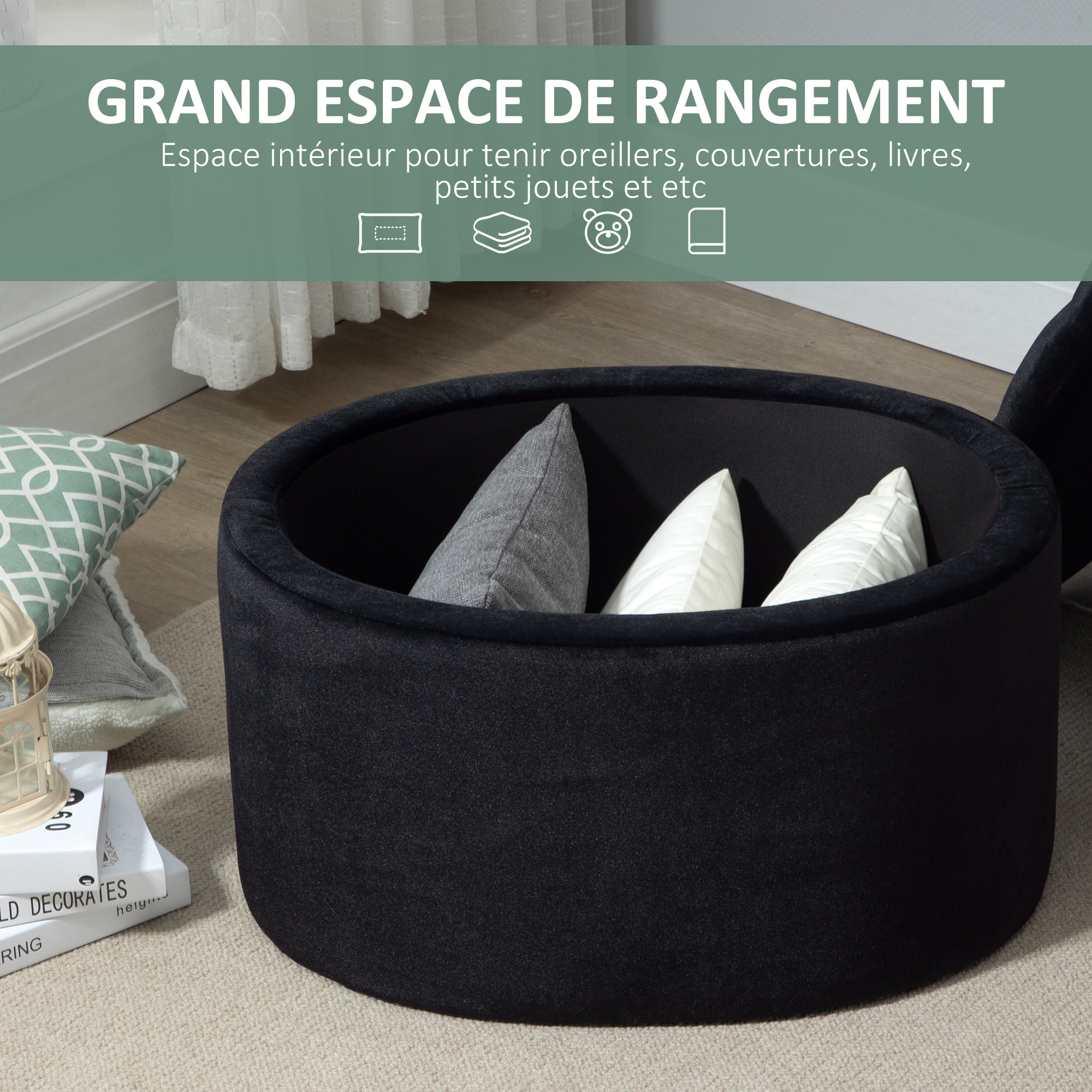 Pouf ovale style Chesterfield plateau assise capitonné rembourré dim. 71 x 52 x 42 cm velours noir