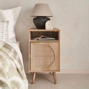 Table de chevet décor bois et cannage arrondi 1 porte EVA