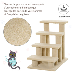 Escalier pour chat - escalier pour chien - 4 marches - revêtement flanelle grande douceur haute densité - structure panneaux particules - beige