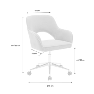 Chaise de bureau à roulettes velours côtelé taupe piétement chromé. L 60 x P 62 x H 89 / 99cm