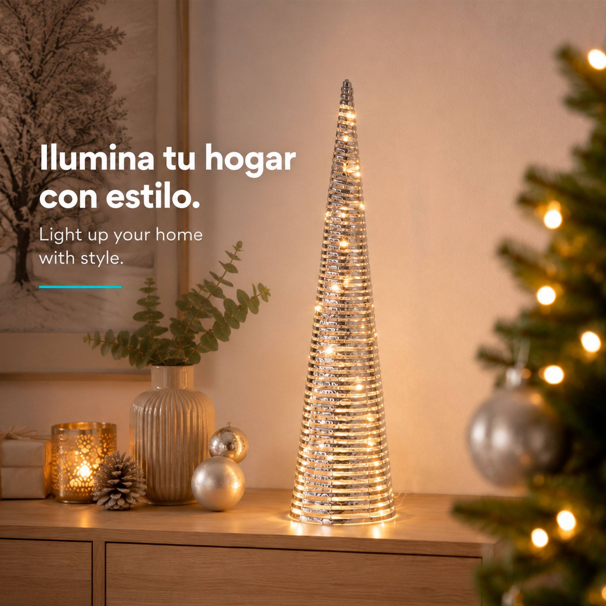 Árbol de navidad cónico led plateado con 60 microled blanco cálido, con temporizador ø20x80 cm