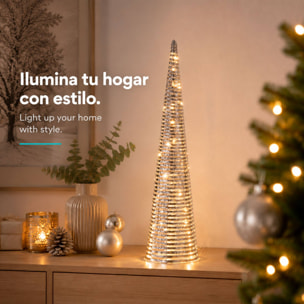 Árbol de navidad cónico led plateado con 60 microled blanco cálido, con temporizador ø20x80 cm