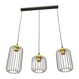 Lampada a sospensione Vander con tre luci in acciaio nero e oro