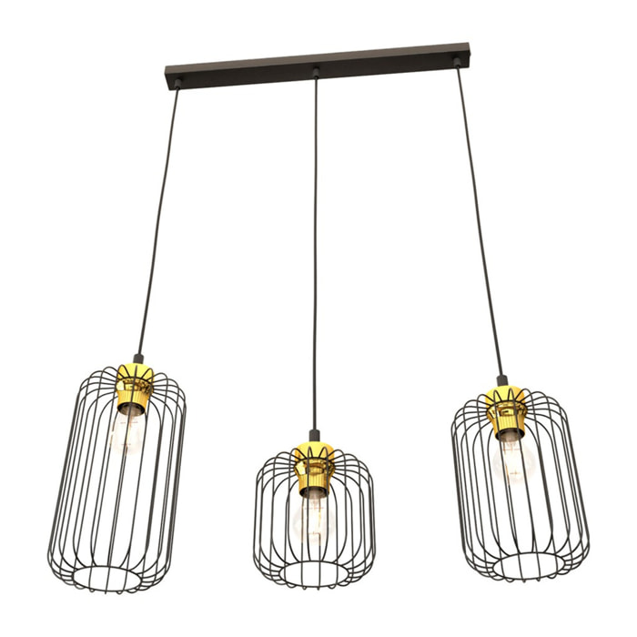 Lampada a sospensione Vander con tre luci in acciaio nero e oro