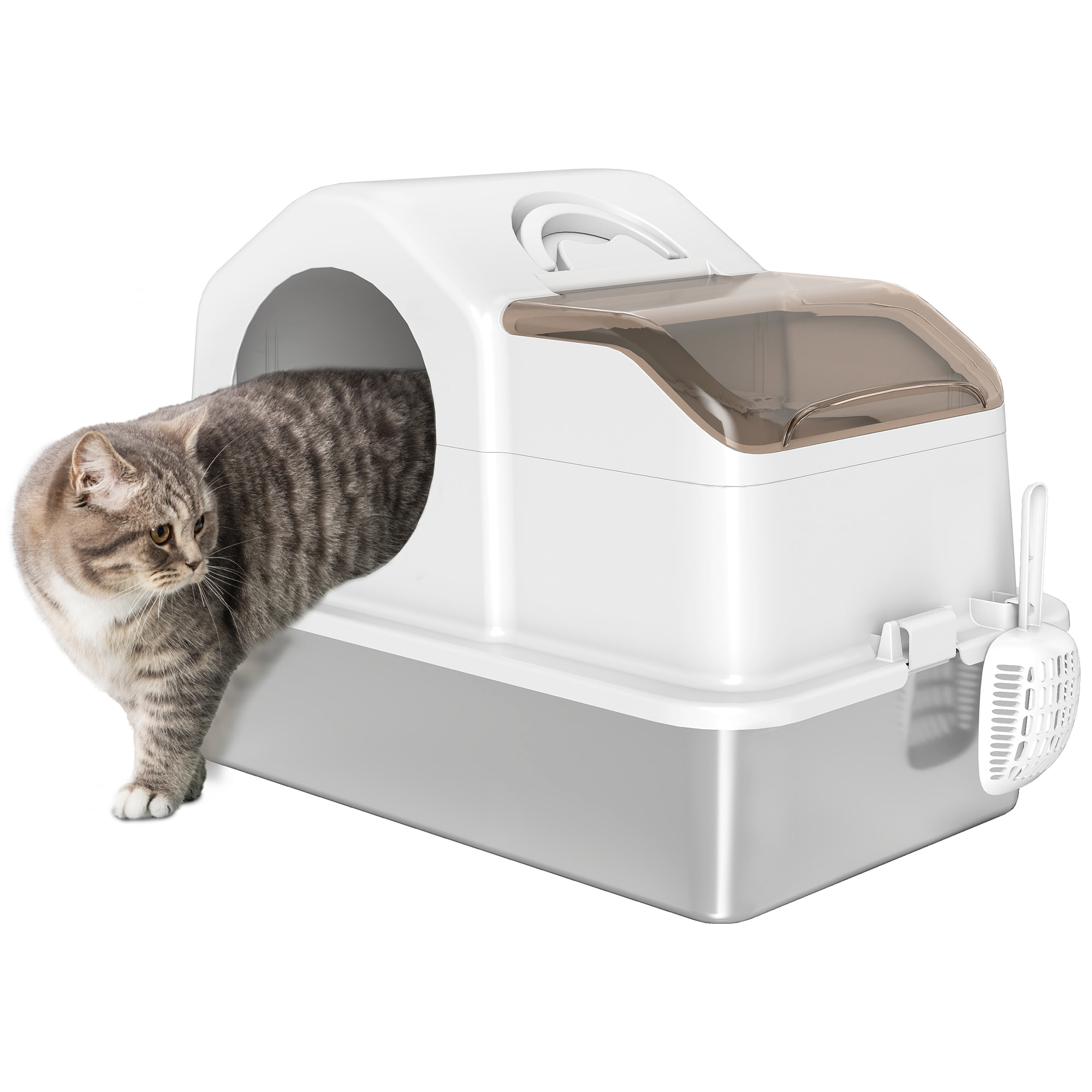 Arenero para Gatos Cubierto Extragrande Caja de Arena Cerrado con Bandeja de Acero Inoxidable Tapa Extraíble Bordes Altos Tapetes Pala sin Olor Fácil de Limpiar para Gatos Grandes Blanco