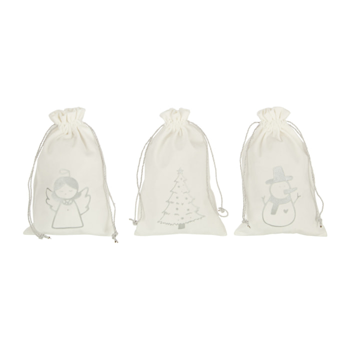 J-Line Sac Noel Mix Velours Blanc/Argent Small Assortiment De 3