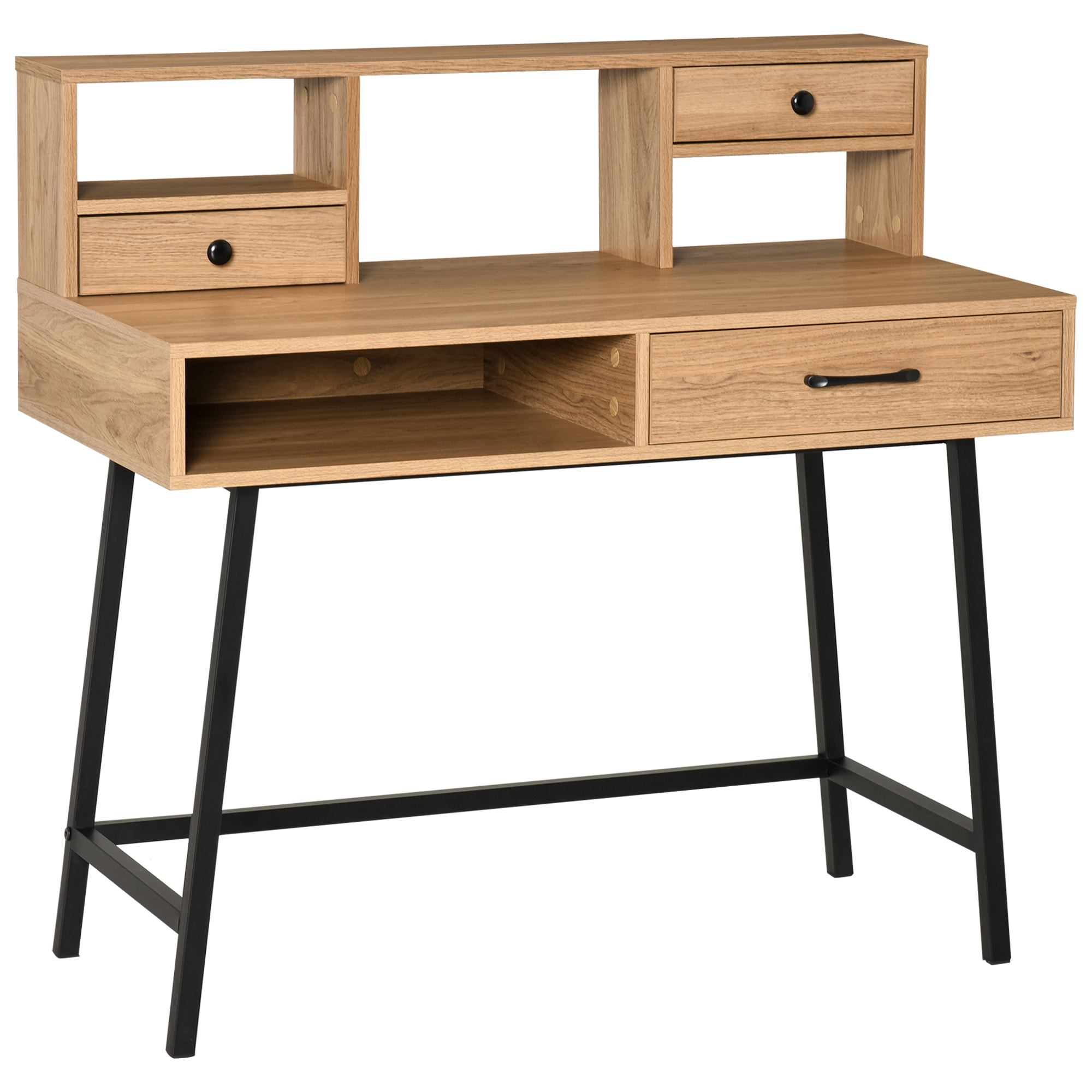 Bureau secrétaire style industriel dim. 105L x 55l x 100H cm 3 tiroirs + 3 niches piètement métal noir plateau imitation bois