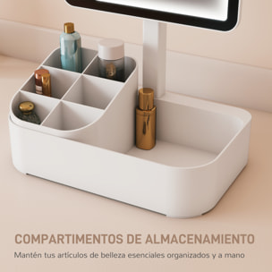 Espejo Maquillaje con Luz LED, Espejo Tocador Recargable con 2 Modos de Iluminación, Rotación de 180°, Brillo Ajustable, Compartimentos, Interruptor Táctil, para Cuidado de Piel, Blanco