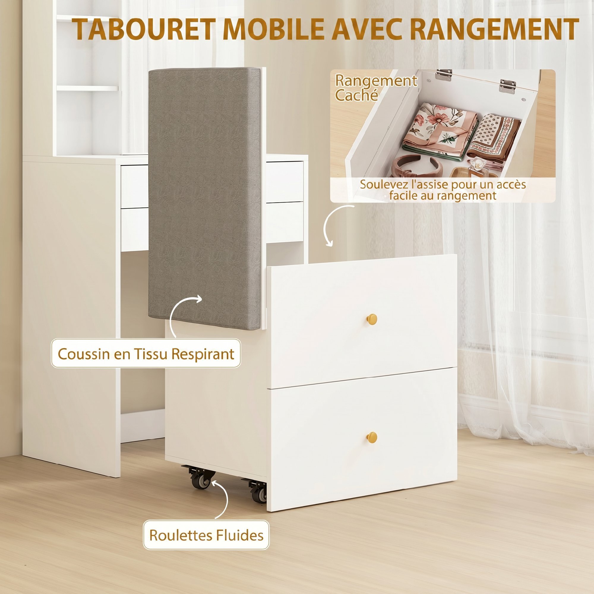 Coiffeuse tabouret encastrable multi-rangement miroir poignées dorées blanc