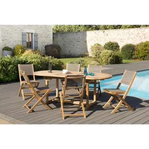 HARRIS - SALON DE JARDIN EN BOIS TECK 6/8 pers - 1 Table ovale extensible 150*200/90 cm et 6 chaises textilène