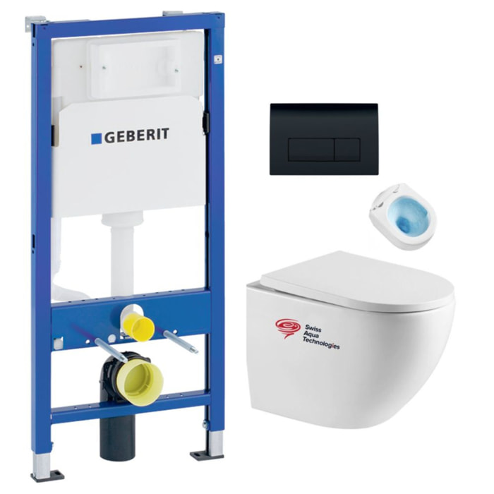 Pack bati-support Geberit + WC sans bride Swiss Aqua Technologies + Abattant SoftClose + Plaque noir mat (FusionTQGeb10)