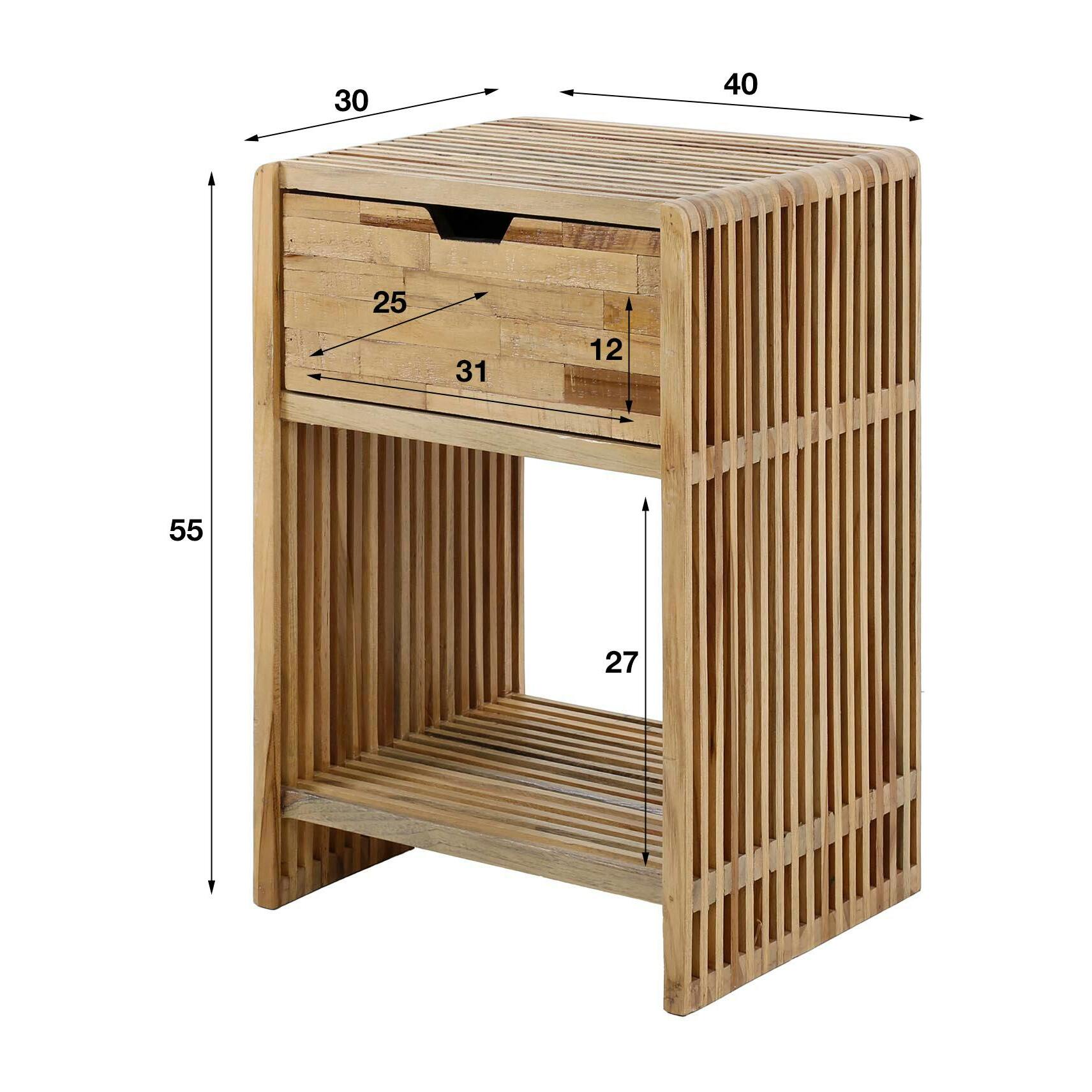 Table de chevet en bois de teck recyclé avec rainures 1 tiroir MAYA