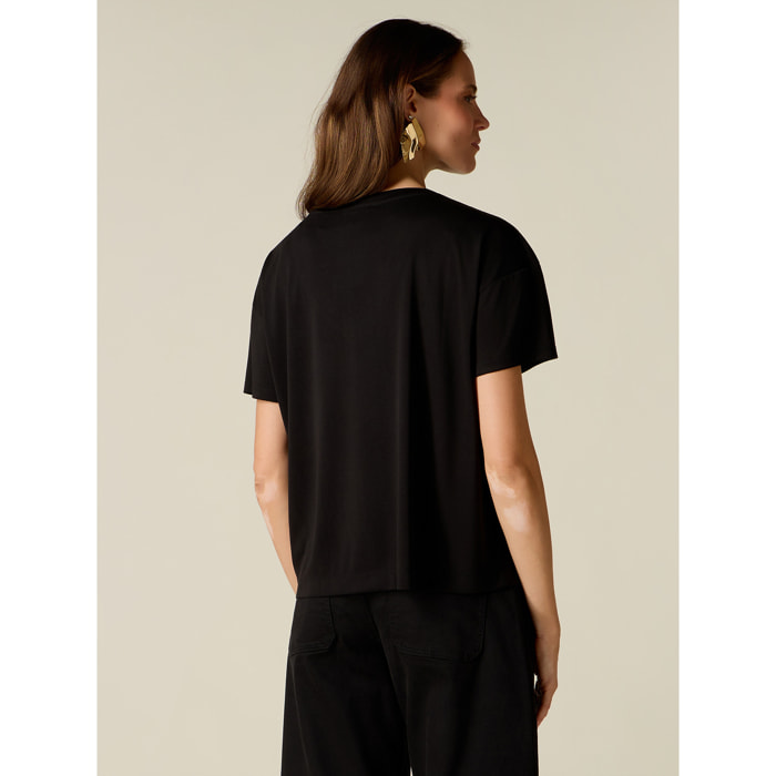 Oltre - T-shirt misto modal con scollo a V - Nero