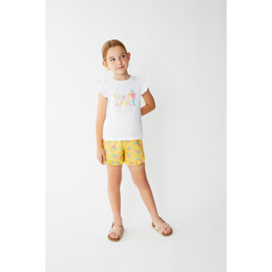 Conjunto Niña “Pineapple” Camiseta Blanca con Volantes en Mangas Estampado Letras y Piña Color Pastel Pantalón Corto Amarillo Estampado | Color: Estampado | Street Monkey