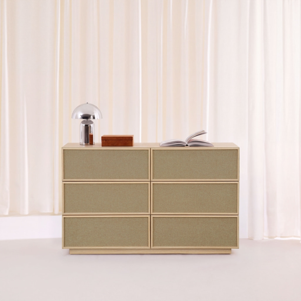 Commode de rangement décor bois et tissu 6 tiroirs KUBA