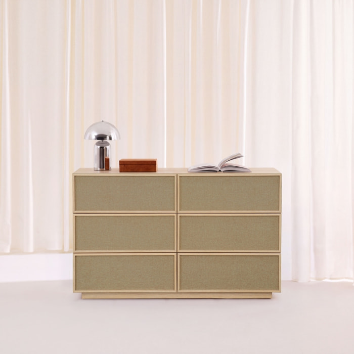 Commode de rangement décor bois et tissu 6 tiroirs KUBA
