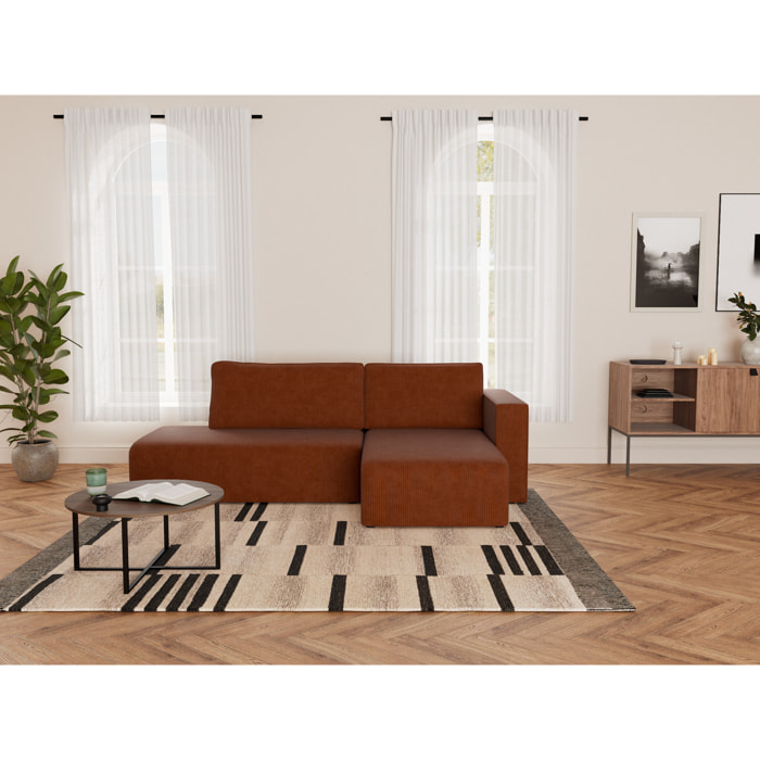 Topaze - canapé d'angle droit 4 places convertible avec coffre sans accoudoir en velours côtelé - Terracotta