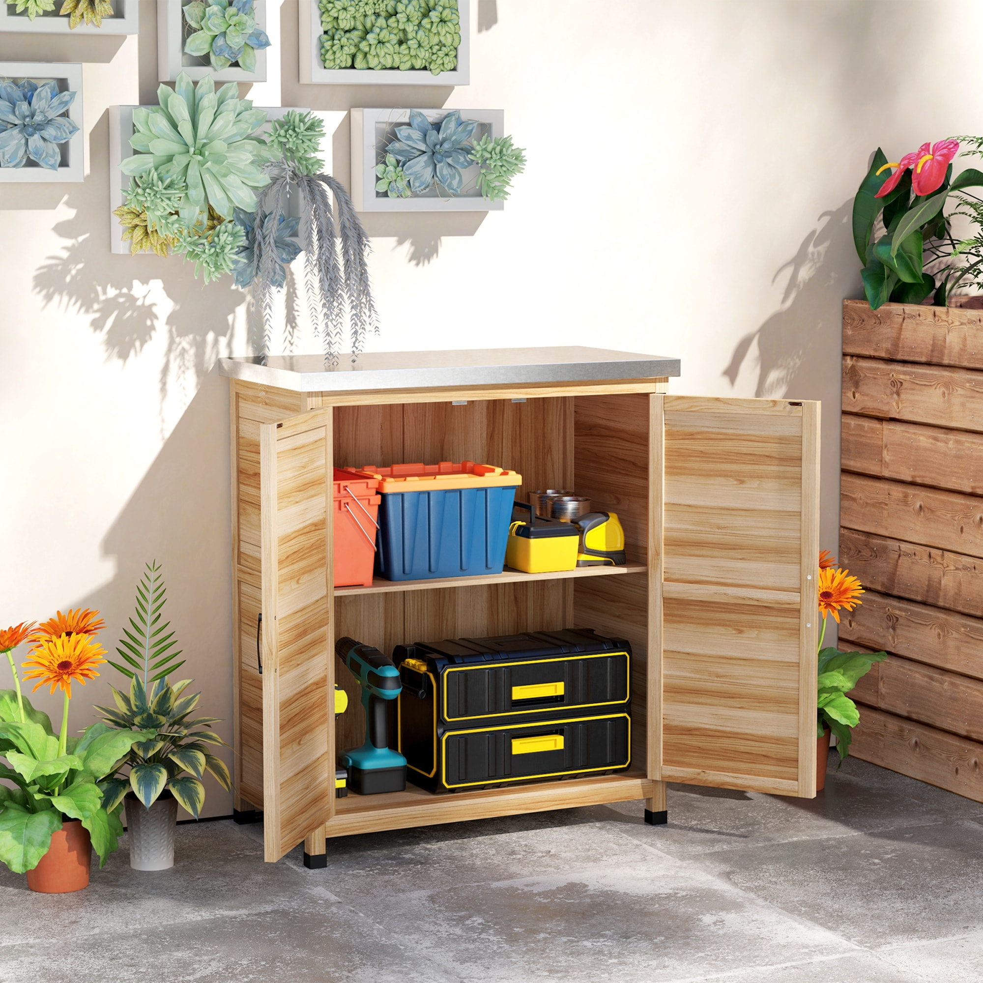 Armario de Exterior de Madera, Caseta de Jardín Exterior con Techo de Acero Galvanizado, Estante, 2 Puertas, Cobertizo de Jardín para Almacenamiento de Herramientas, 79x43x92 cm, Natural