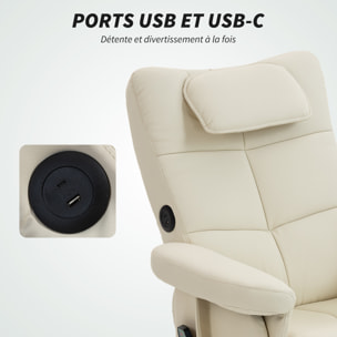 Ensemble fauteuil massant repose-pieds design Chesterfield - inclinable - coffre - tétière - blanc cassé