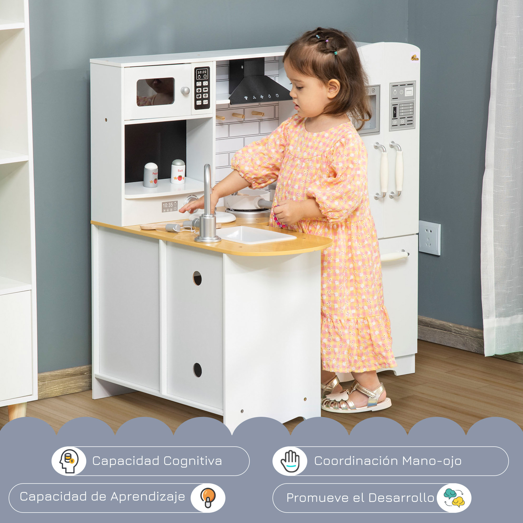 Cocina de Juguete de Madera para Niños de +3 Años con Sonidos 14 Accesorios Cocinita Infantil con Teléfono Fregadero Extraíble Microondas y Grifo 82x65x87 cm Blanco