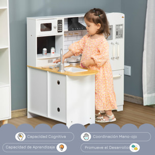 Cocina de Juguete de Madera para Niños de +3 Años con Sonidos 14 Accesorios Cocinita Infantil con Teléfono Fregadero Extraíble Microondas y Grifo 82x65x87 cm Blanco