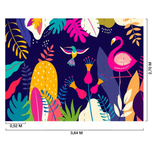 Papier peint tropical coloré flamant rose et jungle Intissé