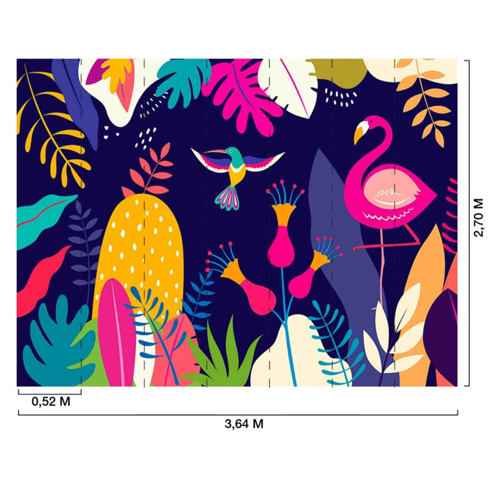 Papier peint tropical coloré flamant rose et jungle Intissé