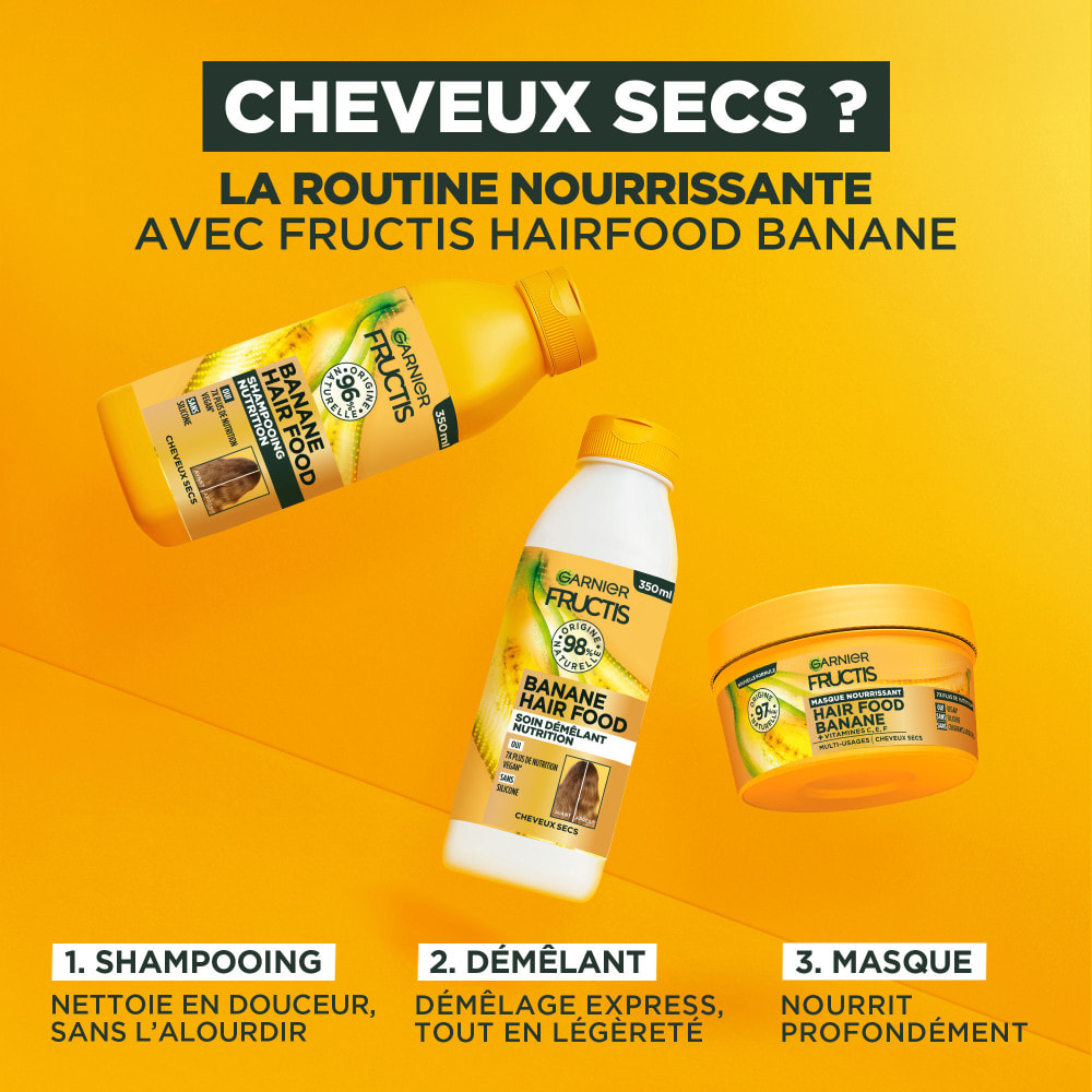 Routine 3 produits Garnier Fructis Hair Food Banane Shampooing 350ml Soin démêlant 350ml et Masque 320ml