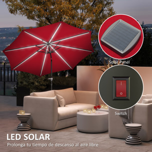 Sombrilla Terraza Exterior con Luces LED Solares Ø292x252 cm Sombrilla de Jardín con Inclinación Ajustable hasta 45° Impermeable y Manivela Parasol para Patio Piscina sin Base Burdeos