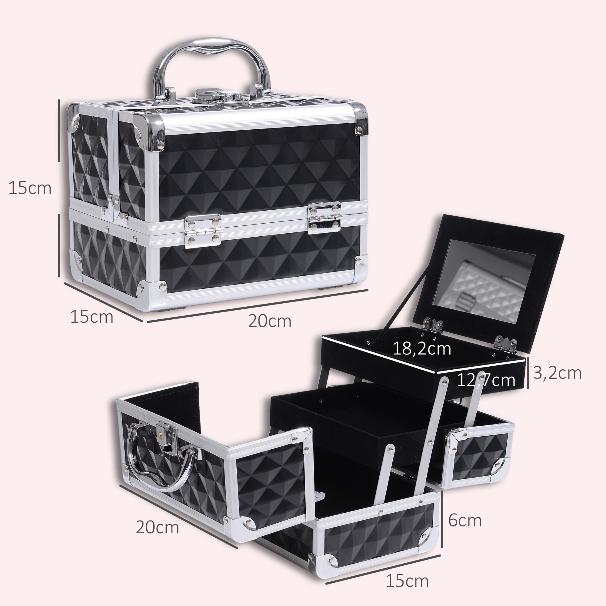 Maletín de Maquillaje Organizador Cosméticos Profesional Estuche de Maquillaje Caja de Belleza Portátil Con Espejo Cerradura Varios Compartimientos 20x15x15cm Aluminio Negro