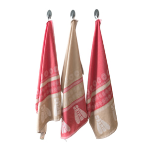 Lot de 3 torchons rouge taupe 50x80cm - "carmin