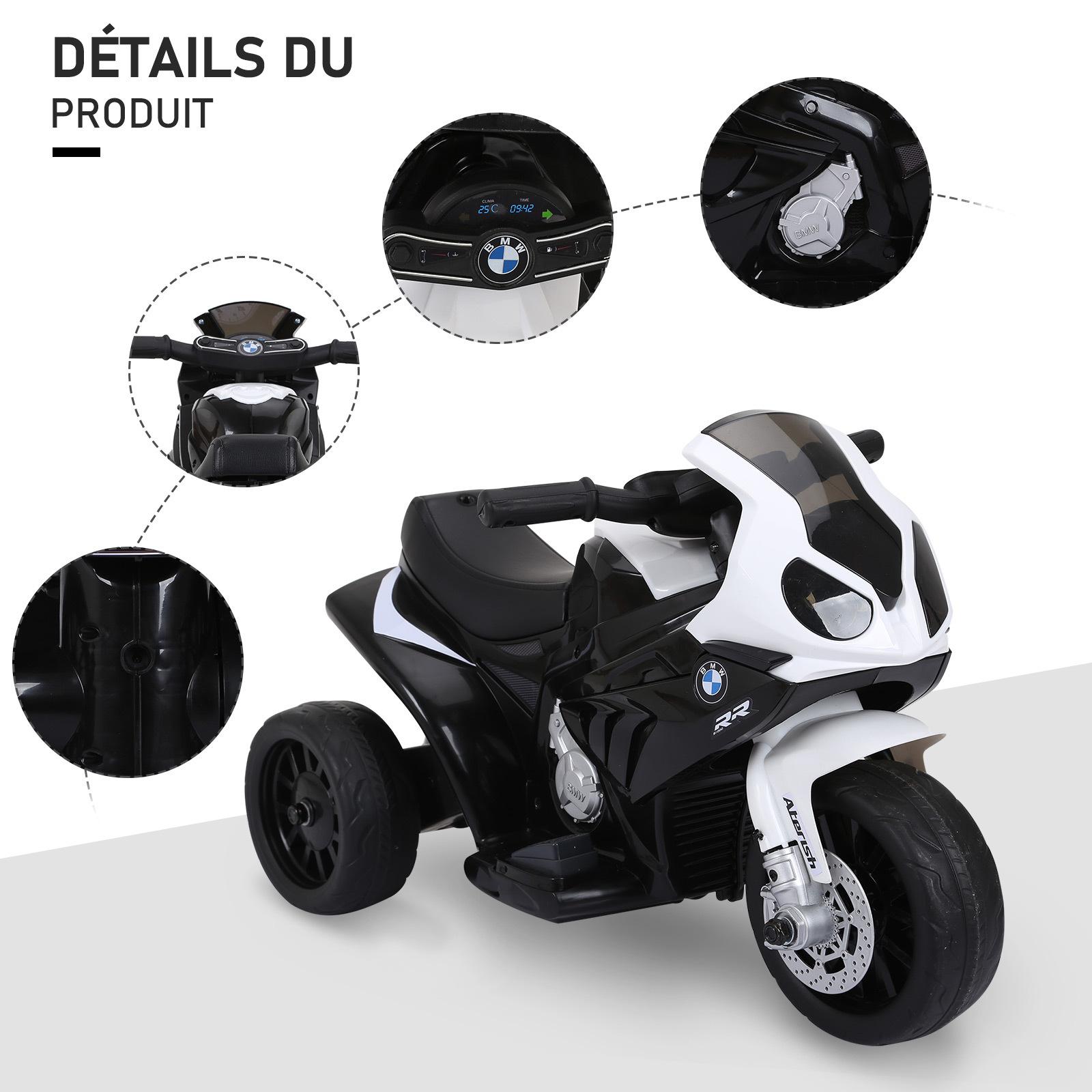 Moto électrique pour enfants 3 roues 6 V 2,5 Km/h effets lumineux et sonores noir BMW S1000 RR