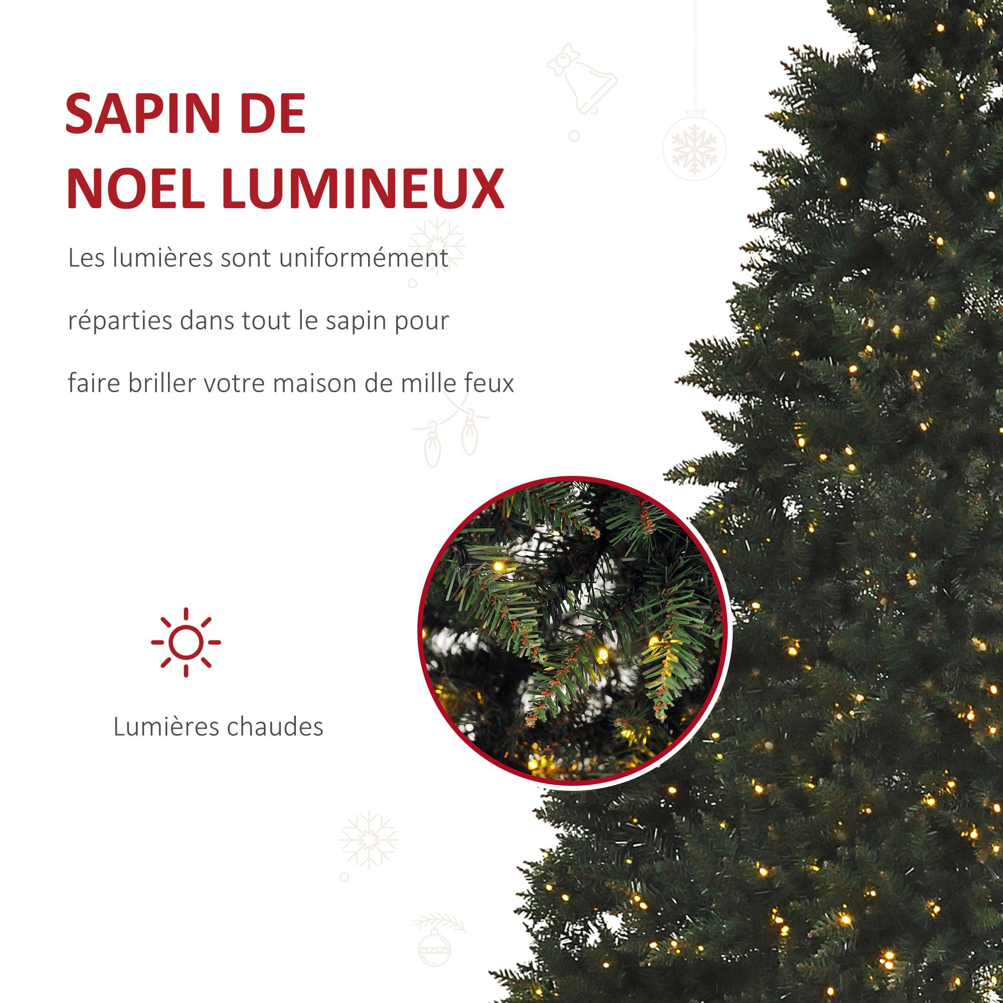 Sapin de Noël artificiel lumineux LED x 650 blanc chaud + support pied Ø 127 x 200H cm 1880 branches vert