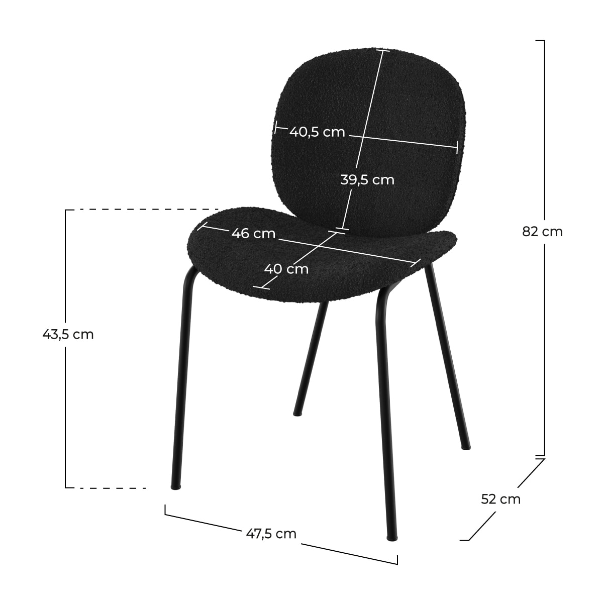 Lot de 2 chaises en tissu bouclé noir et pieds en métal noir - Iris