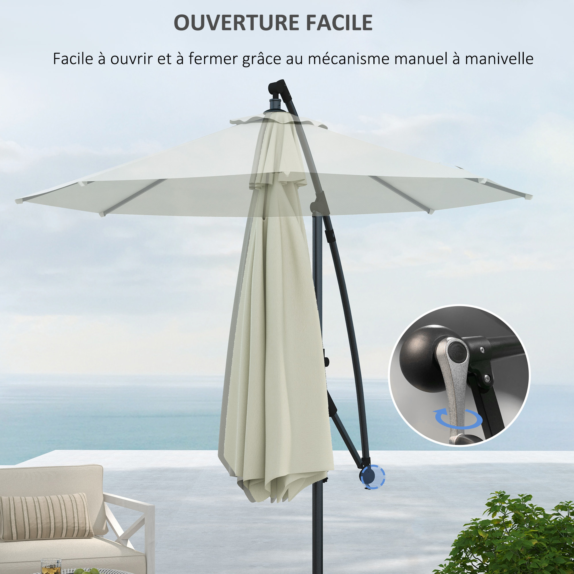 Parasol déporté octogonal inclinable Ø 2,93 x 2,60 m avec pied métal époxy alu crème