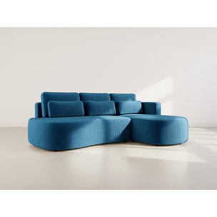 Mahina - canapé d'angle droit 4 places convertible avec coffre en velours côtelé - Bleu