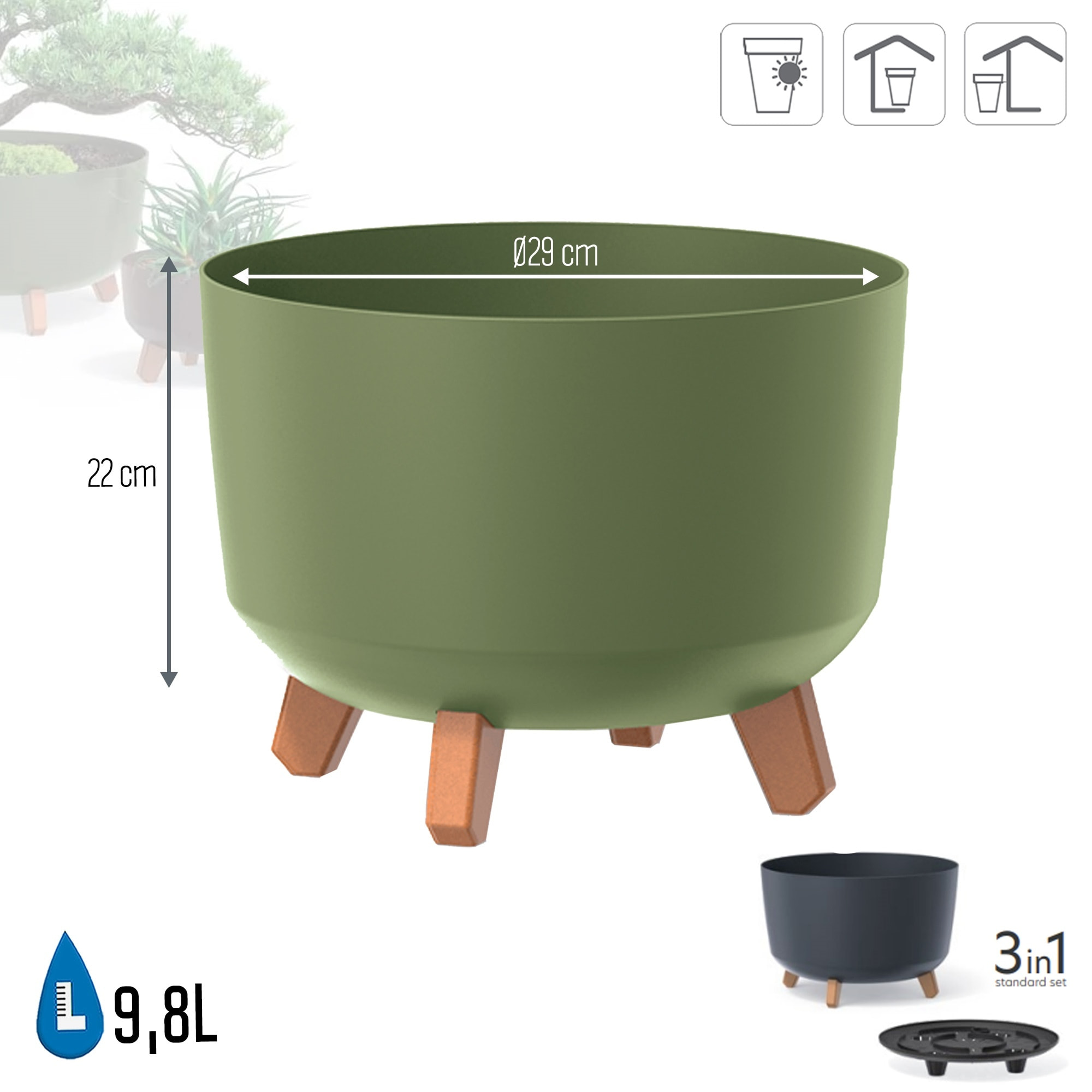 Macetero color verde tierra,sin depósito , colección gracia de 23,8cm x 23,8cm x 18,7cm cm, capacidad de 5,1 l.