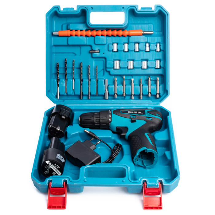 Trapano elettrico senza fili a doppia velocità, valigetta di trasporto e 24 accessori.