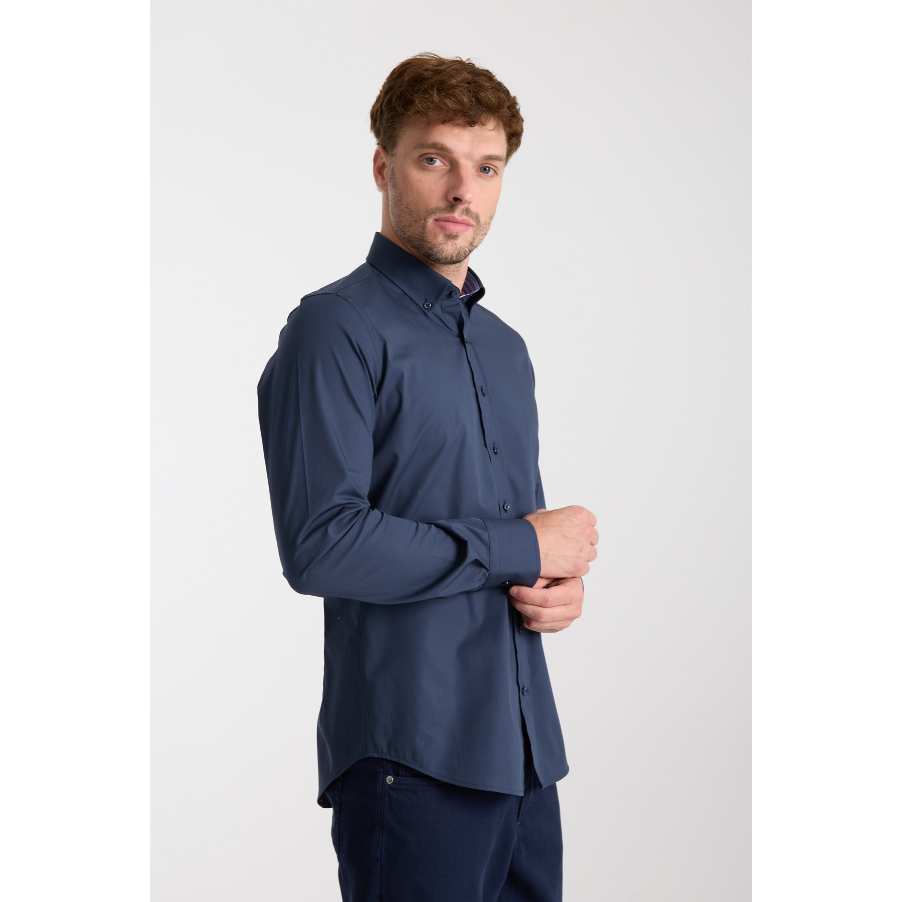 camicia uomo 1 bottone button down slim Popeline Stretch Unito Blu