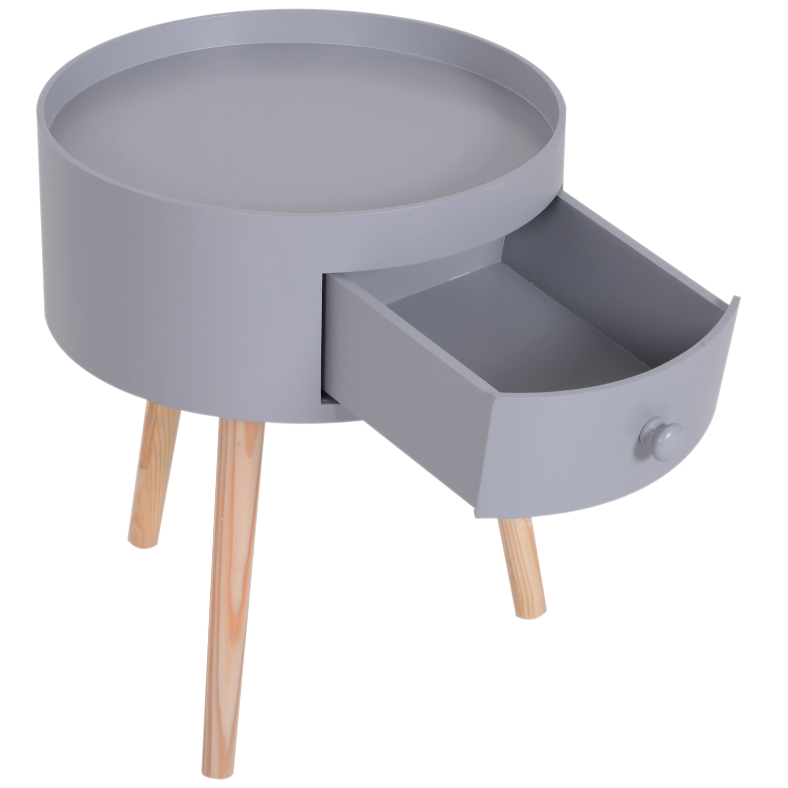 Chevet table de nuit ronde design scandinave tiroir bicolore pieds effilés inclinés bois massif chêne clair gris