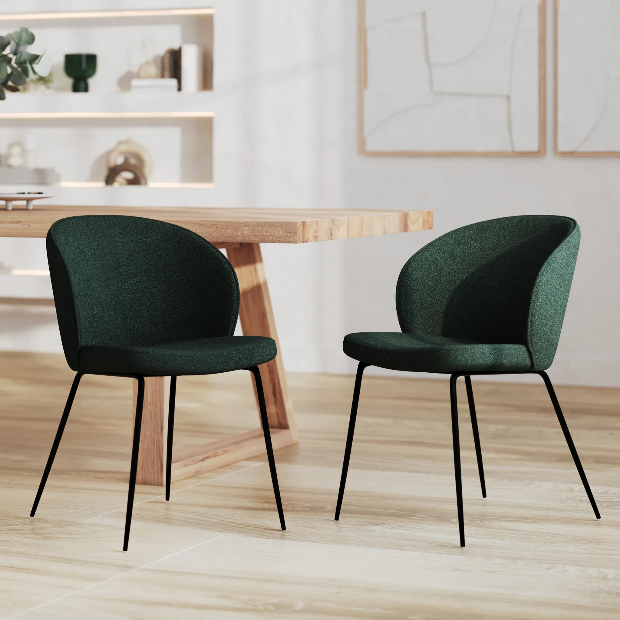 Lot de 2 chaises vertes en tissu bouclette et pied en métal - Groom