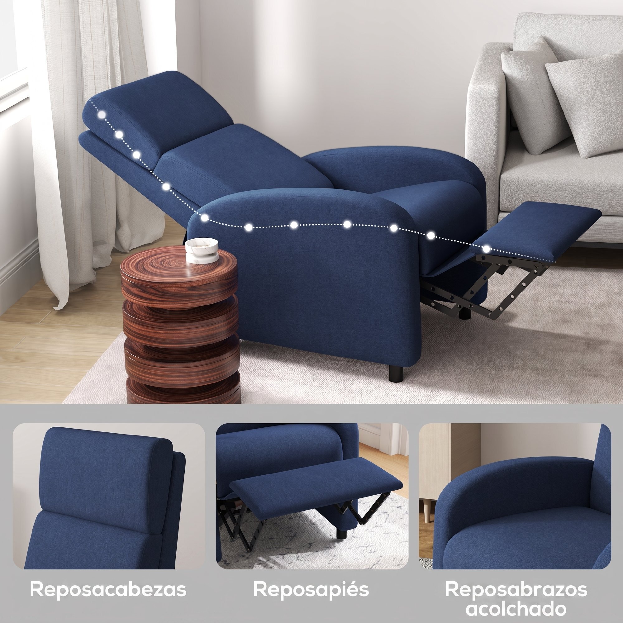 HOMCOM Sillón Relax Reclinable Manual Sillón Relax Tapizado en Lino Sintético con Reposapiés Respaldo Alto Carga 120 kg Butaca Reclinable para Dormitorio Oficina Azul Oscuro